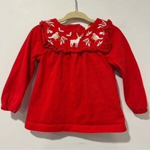 Mini Boden Baby Red Embroidered Jersey Top Deer Bird Appliqué Holiday 6-12m 80